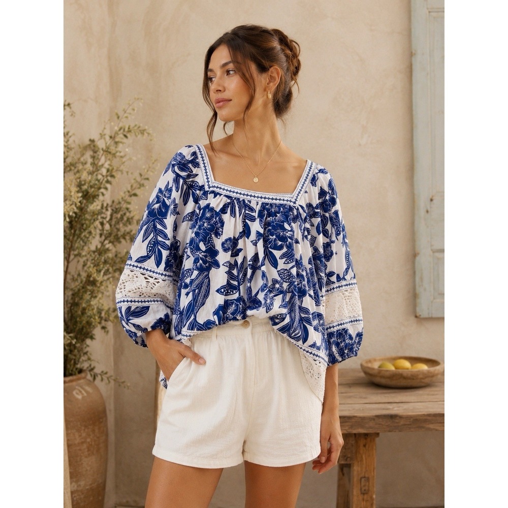 Women's Blouse Top Peasant Floral Square Neck Lace Blue 3/4 Sleeve Artsy Linen